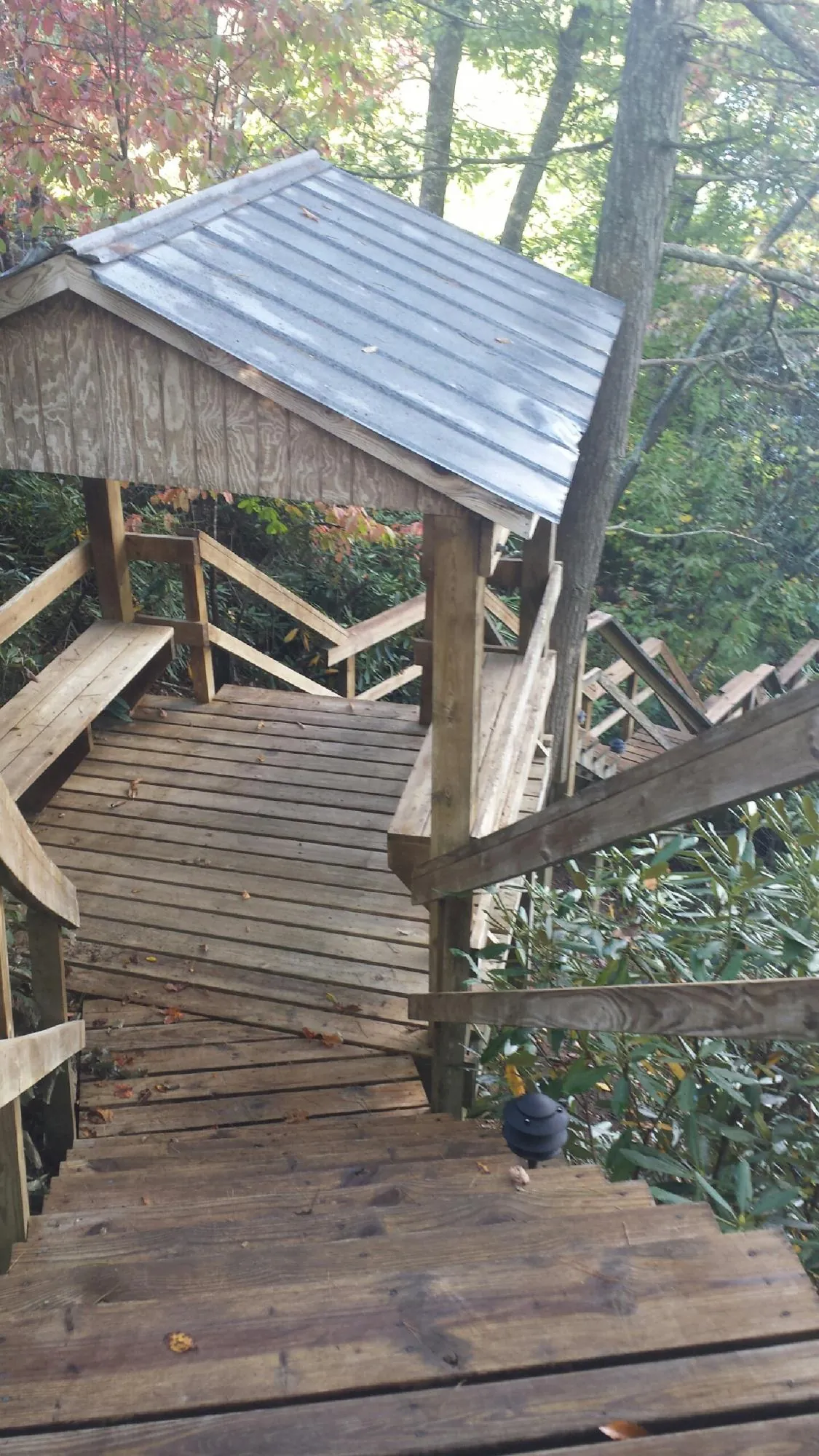 Metal roofed shelter over wooden steps on a wooded walkway — Skylight Repair & Installation work by our crew in Cranesville